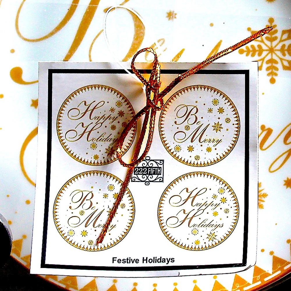 222 FIFTH FESTIVE HOLIDAYS PLATES 4 APPETIZER HAPPY HOLIDAYS BE MERRY GOLD NEW